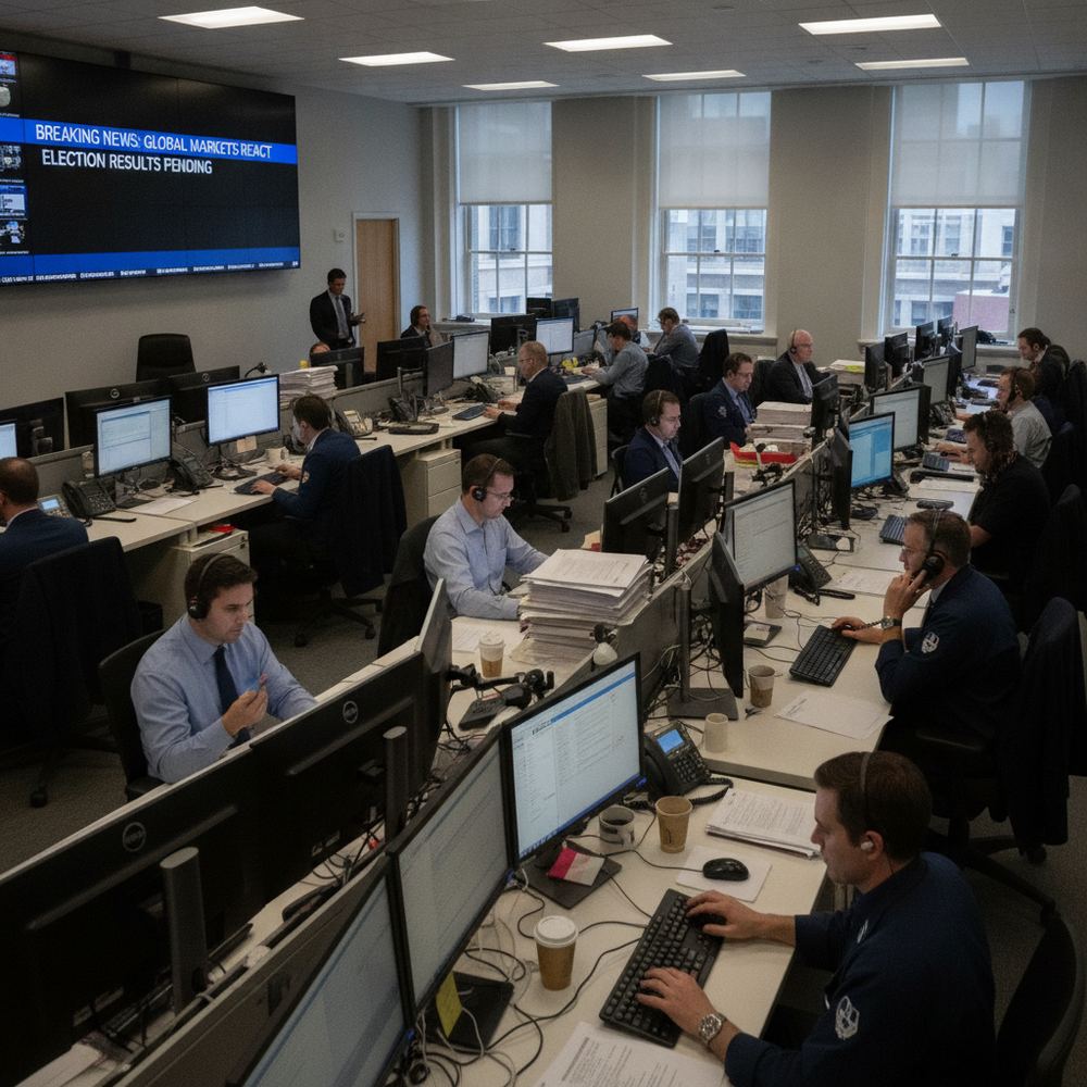 A busy newsroom with rows of journalists working at monitors. Some are on phone calls, others are typing rapidly. A large digital display on the wall shows brea