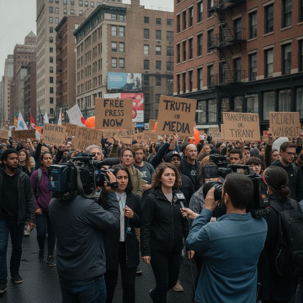 A street protest with a diverse crowd of people holding handwritten signs with messages about free press and media transparency. Some protesters are being filme