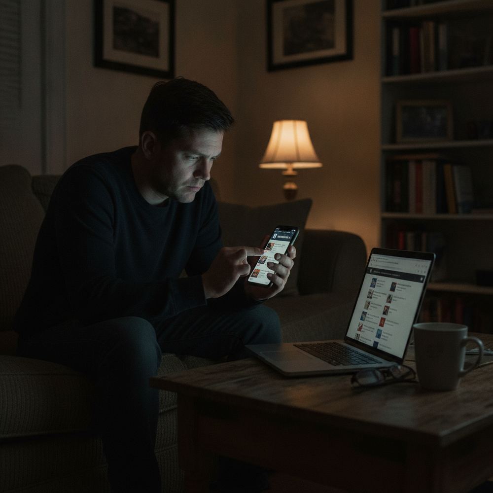 A person sitting on a couch, scrolling through a news app on their phone. The room is dimly lit and several browser tabs are visible on a laptop open on the cof