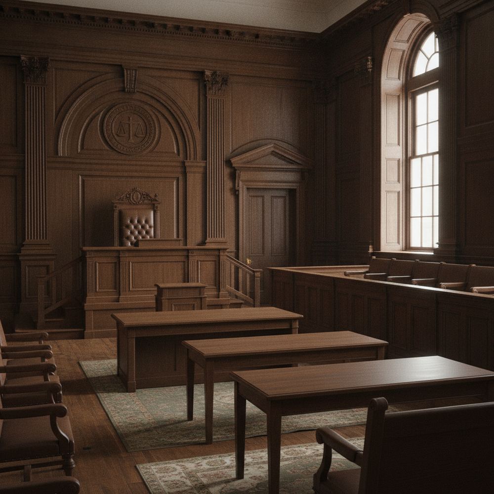 The interior of a formal courtroom with dark wood paneling, a raised judge's bench, the scales of justice emblem on the wall, and an empty jury box with twelve 