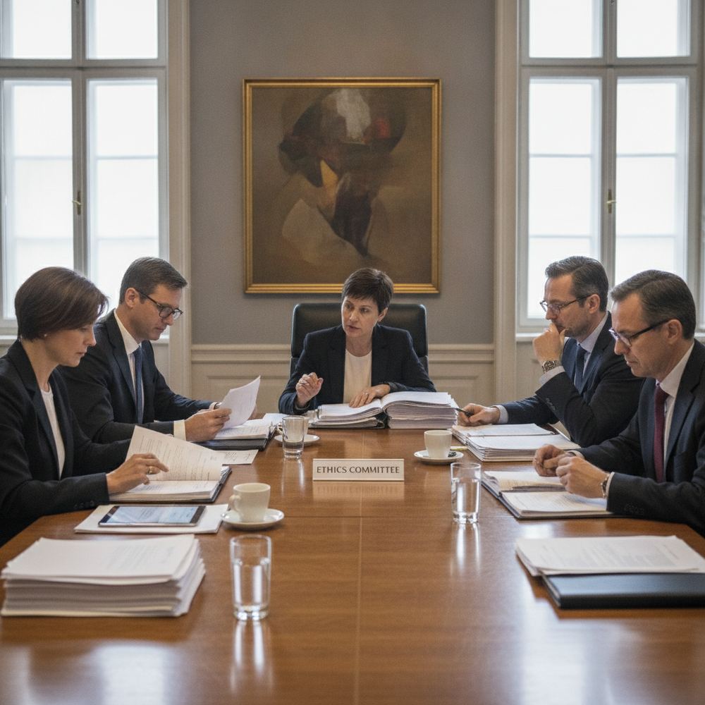 A panel of five people seated at a long table in a formal meeting room. They are reviewing documents and engaged in discussion. A nameplate in front of one seat