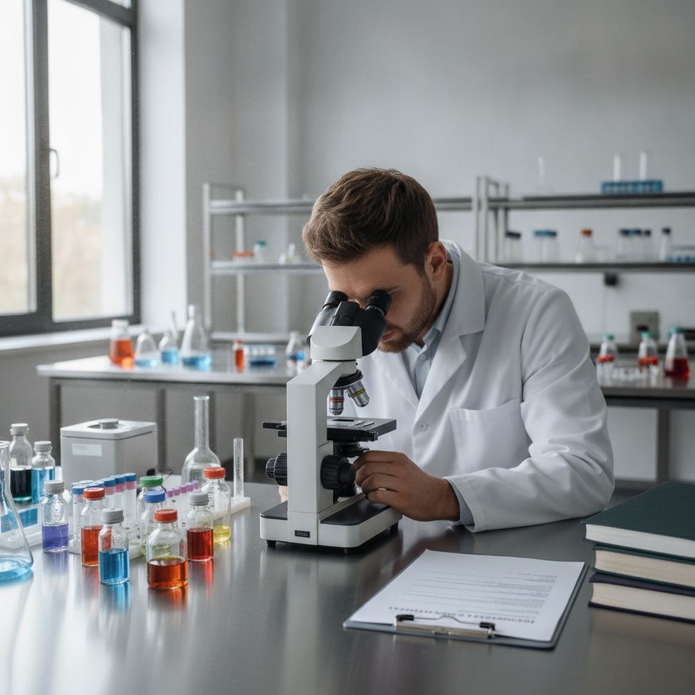 A researcher in a lab coat examining samples under a microscope in a modern research laboratory. Vials and equipment are arranged on the bench. A consent form i