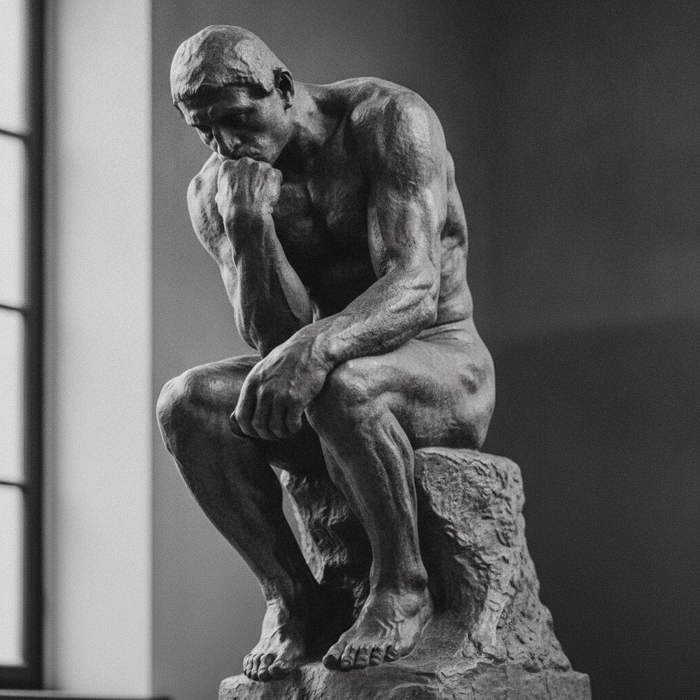 A black-and-white close-up of Rodin's sculpture 'The Thinker' — a muscular figure seated with chin resting on fist, head slightly bowed in deep contemplation. T