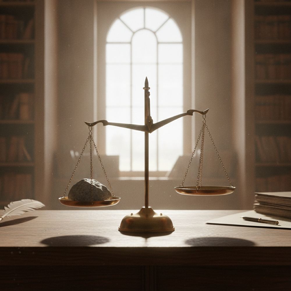 A courtroom-style balance scale sitting on a wooden desk, one pan holding a small stone and the other empty, with the scale tilting toward the weighted side. Na