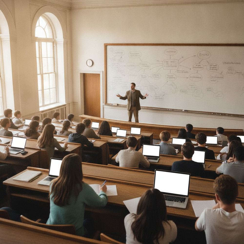 A wide-angle photo of a large university lecture hall. A professor stands at the front, gesturing toward a whiteboard covered in philosophical diagrams and argu