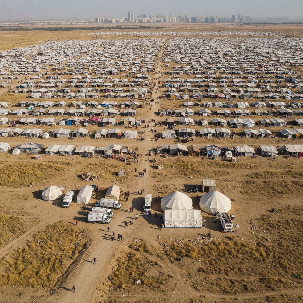 A large refugee camp photographed from above, showing rows of white tents and makeshift shelters stretching across an arid landscape. Small figures of people ar