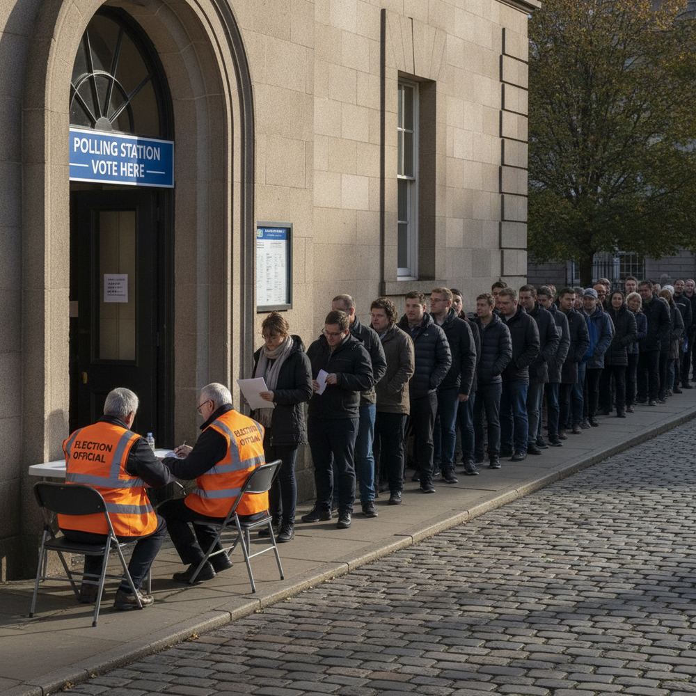 A line of voters stretching outside a polling station on election day. A polling station sign is visible above the entrance. Voters of different ages wait calml