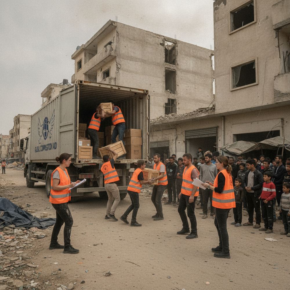 International aid workers in orange vests unloading crates of supplies from a truck in a crisis zone. Some workers are consulting clipboards while others carry 