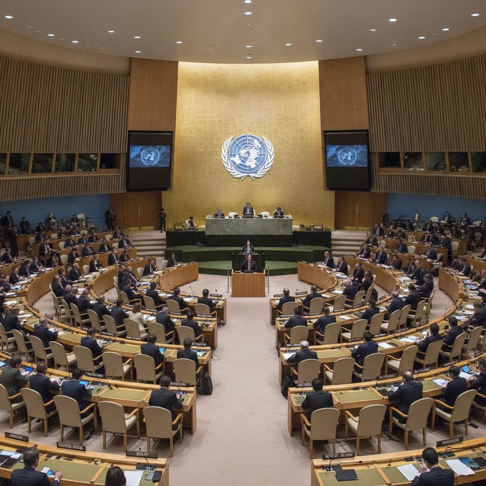A wide shot of the United Nations General Assembly hall in session. Rows of delegates from dozens of nations are seated at curved desks, with national nameplate