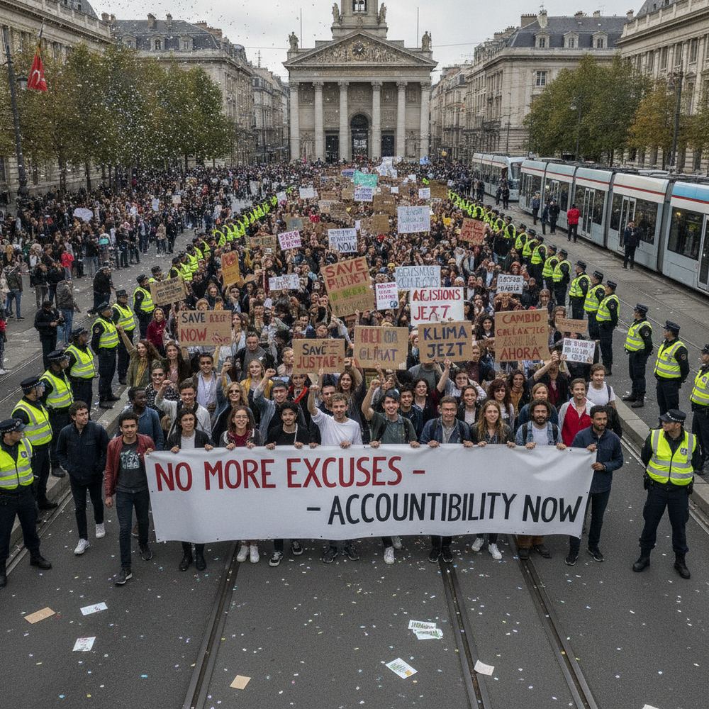A street protest with hundreds of demonstrators holding signs demanding climate action and political accountability. The crowd is diverse, with participants of