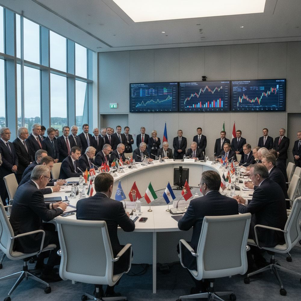 A formal international economic summit with world leaders seated around a large oval table covered with national flags and microphones. Officials and advisors s