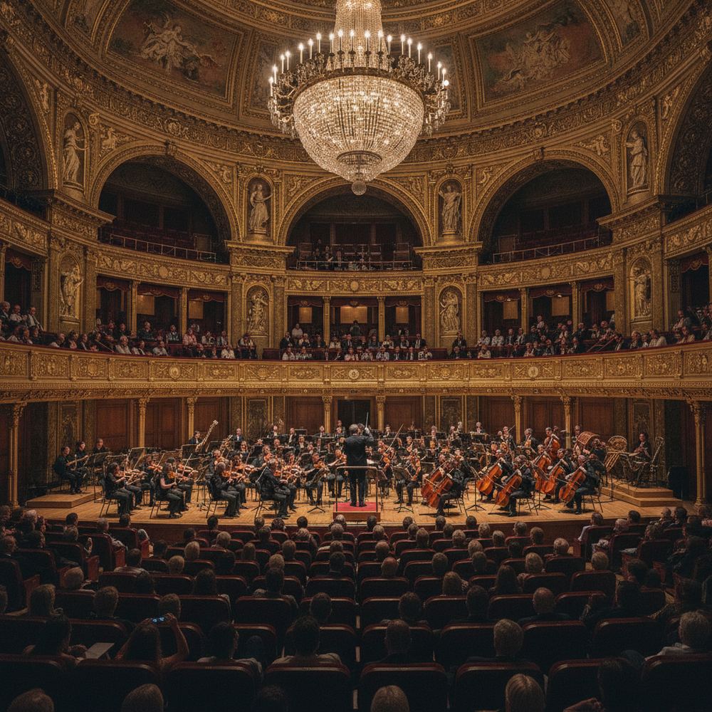 A grand concert hall photographed during a live orchestral performance. The audience fills tiered seating, the stage is brilliantly lit, and the orchestra is mi