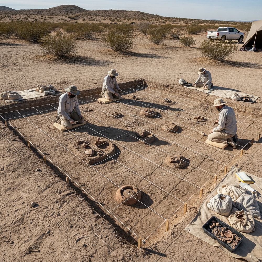 An archaeological excavation site in a dry, arid landscape. Researchers in protective clothing carefully brush sediment from partially exposed artifacts. A grid