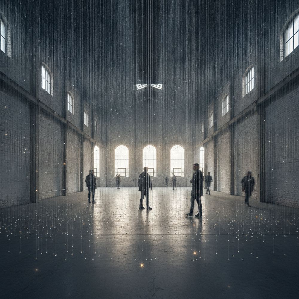 A contemporary art installation in a large empty warehouse space. Hundreds of suspended transparent threads hang from the ceiling, each ending in a small glass 