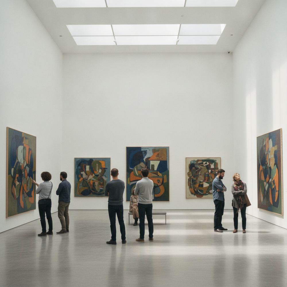 A large, sunlit gallery in a contemporary art museum. The walls are white and the floors are polished concrete. Several large abstract paintings hang on the wal