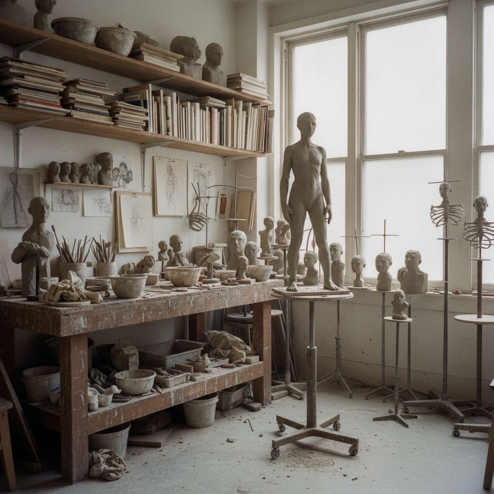 A sculptor's studio crowded with materials: clay maquettes in various stages of completion, metal armatures, tools scattered on a workbench, and shelves lined w