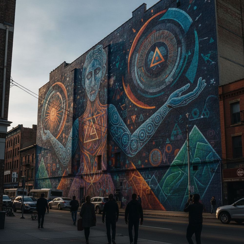 A street mural of exceptional scale covers an entire building facade in an urban neighborhood. The mural depicts stylized human figures in vivid colors, surroun
